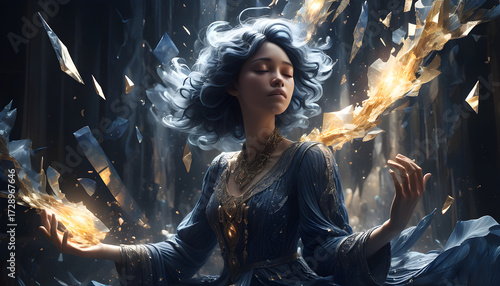 A cosmic scale hanging in the void—golden joy radiates as solar flares, indigo sorrow pools as black oceans, silver silence glows as frozen starlight. 