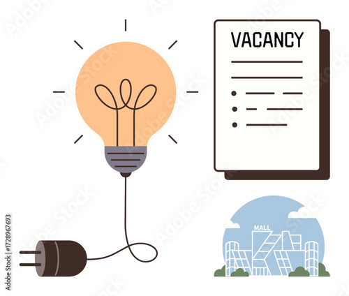 Lightbulb representing ideas, disconnected plug symbolizing readiness, vacancy sheet for job opportunity, and a commercial building. Ideal for recruitment, innovation, real estate, business growth