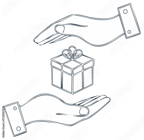 Elegant Hands Offer Wrapped Present Box with Ribbon Decoration in Artistic Line Art Style