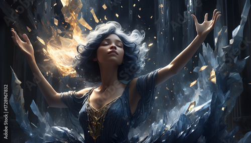 A cosmic scale hanging in the void—golden joy radiates as solar flares, indigo sorrow pools as black oceans, silver silence glows as frozen starlight. 