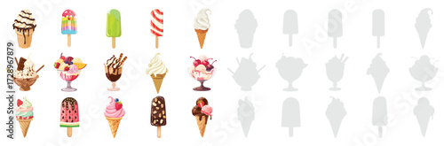 Ice cream set vector illustration collection of cones, popsicles, sundaes, soft serve and frozen desserts isolated on white background
