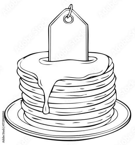 Black and white illustration of a stack of pancakes on a plate with a tag for breakfast menu specials
