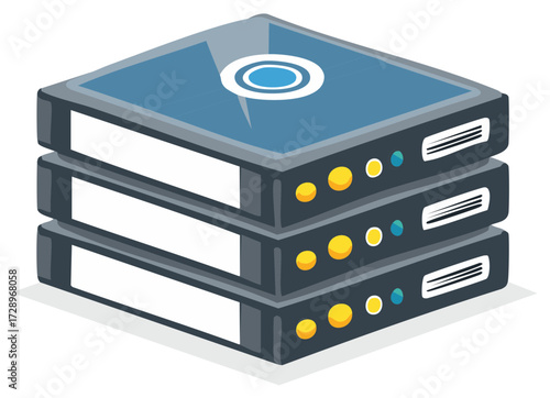 Isometric Vector Illustration of Server Rack with Indicators and Storage System