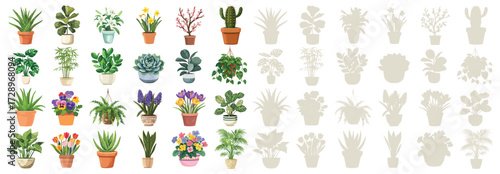 Houseplants and flowers set vector illustration collection of indoor plants, succulents, potted flowers and green foliage isolated on white background