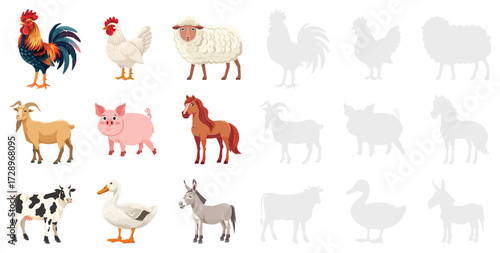 Farm animals set vector illustration collection of cow, pig, sheep, goat, horse, donkey, chicken, rooster and duck isolated on white background