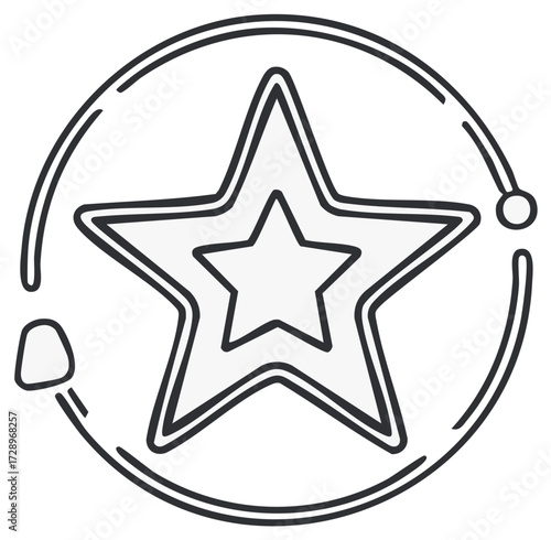 Line art icon of a star within a circular orbit. Symbol for success, rating, or achievement.