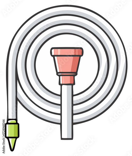 Coiled white plastic hose with a green nozzle and a red filter for irrigation or gardening purposes