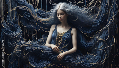 A cosmic scale hanging in the void—golden joy radiates as solar flares, indigo sorrow pools as black oceans, silver silence glows as frozen starlight. 