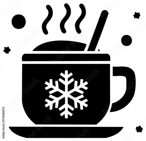 Hot beverage in a snowflake mug with steam and falling snow winter icon