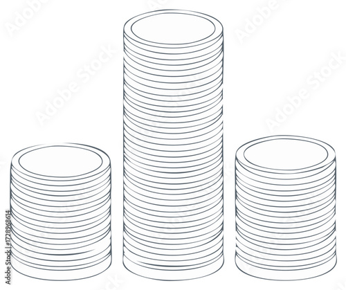 Three stacks of coins varying in height presented in a simple line drawing style