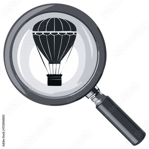 Magnifying glass with hot air balloon silhouette, search concept, discovery icon.