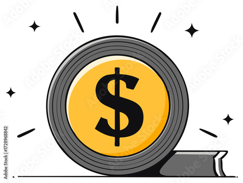 Golden coin with dollar symbol, radiating light and sparkles, representing wealth and success