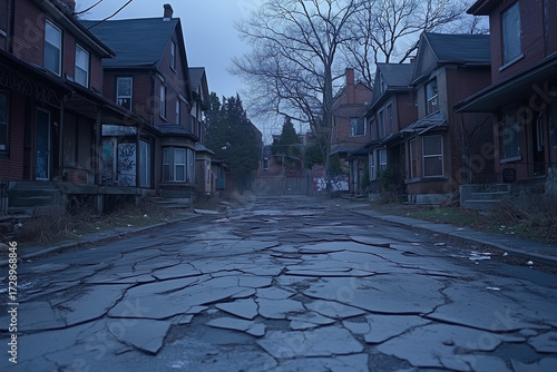 A realistic scene of an abandoned neighborhood