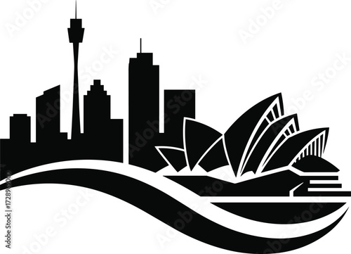 Sydney city skyline with opera house silhouette, urban architecture landmark, modern building illustration, cad drawing flat vector illustration
