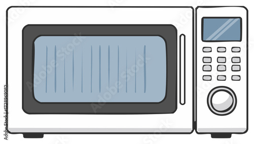 Modern white microwave with digital display and button controls for reheating food and cooking in a kitchen