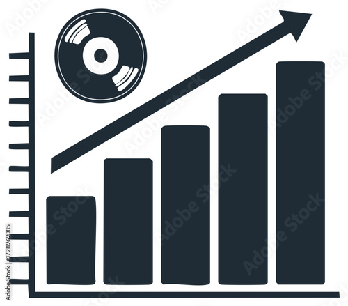 Vinyl record growth chart with upward trending arrow and bar graph