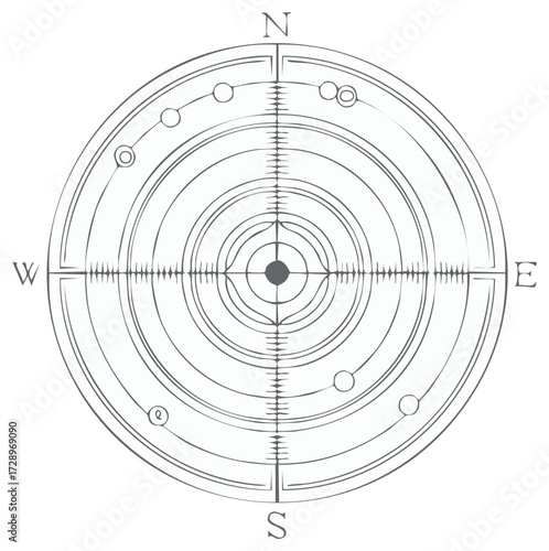 Circular compass with direction indicators and circles