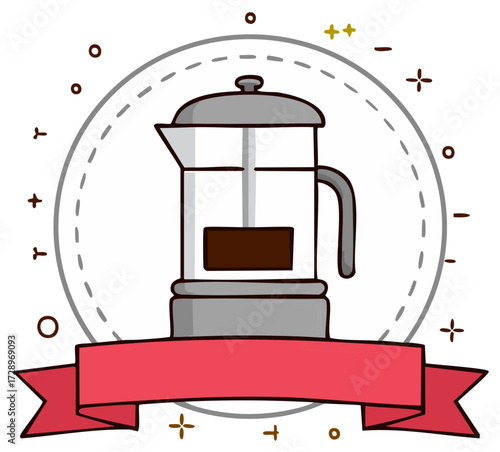 Vector illustration of a french press within a circle with ribbon banner and decorative elements for cafe advertisement