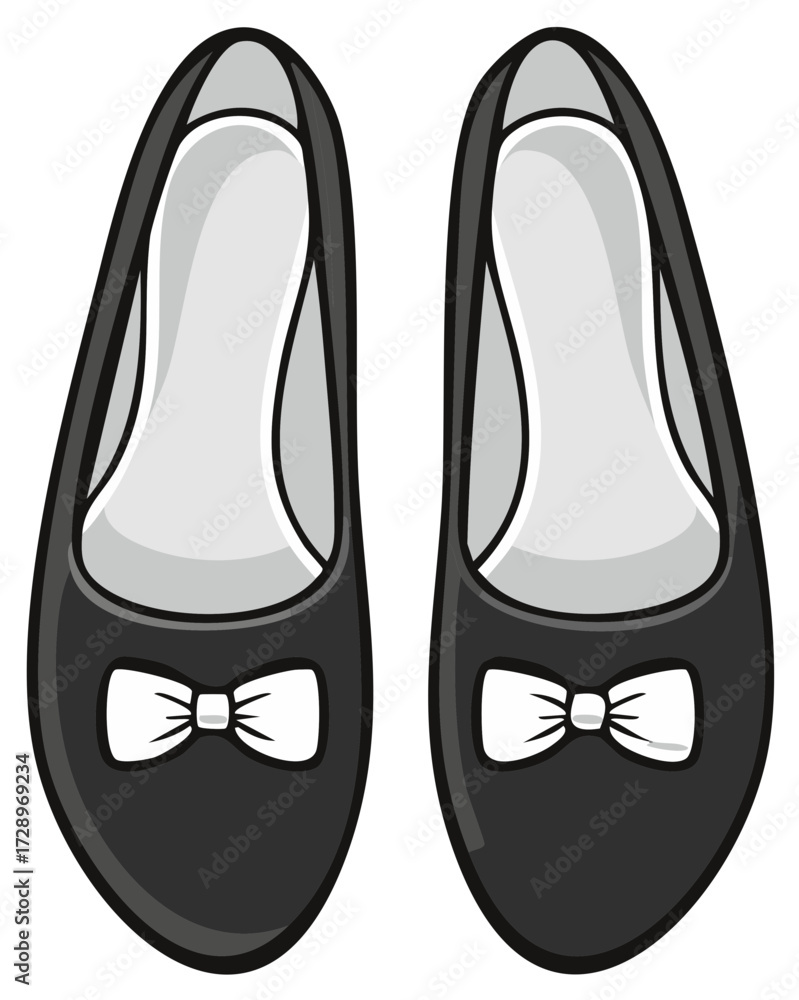 Fototapeta premium Elegant Black Ballet Flats with White Bows, Dress Shoes for Women, Fashion Footwear and Accessories