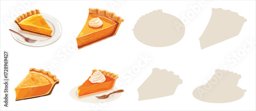 Delicious pumpkin pie slices collection with whipped cream, autumn dessert set, seasonal sweet bakery illustration for thanksgiving and fall celebration
