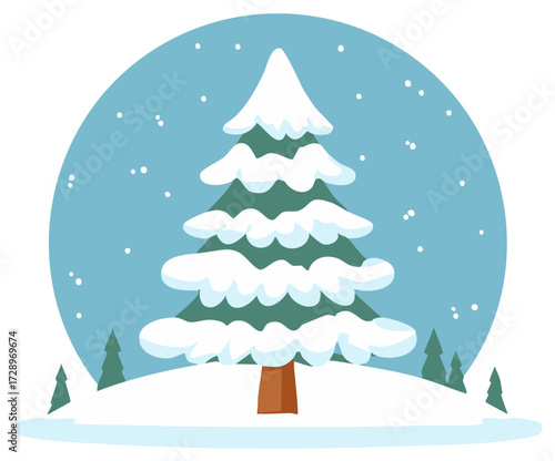Snow covered pine tree on a winter hill with falling snow cartoon vector illustration