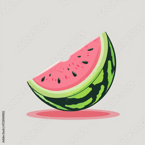 Watermelon slice with pink flesh and green rind in flat design  