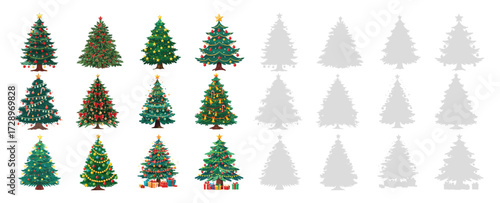 Christmas tree collection with decorated holiday pines, festive ornaments, winter seasonal elements, xmas evergreen clipart set for celebration and decoration design
