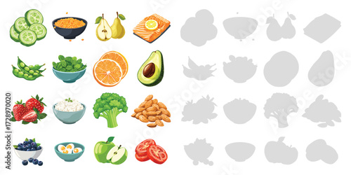 Healthy food set vector illustration collection of fresh fruits vegetables nuts seeds protein sources isolated on white background