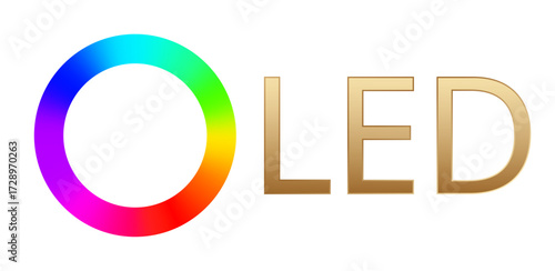 Vibrant circular spectrum next to gold oled lettering on white background.