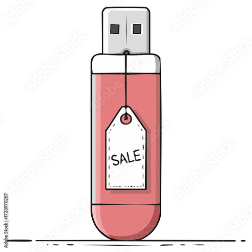 Cartoon illustration of a USB flash drive with a sale price tag