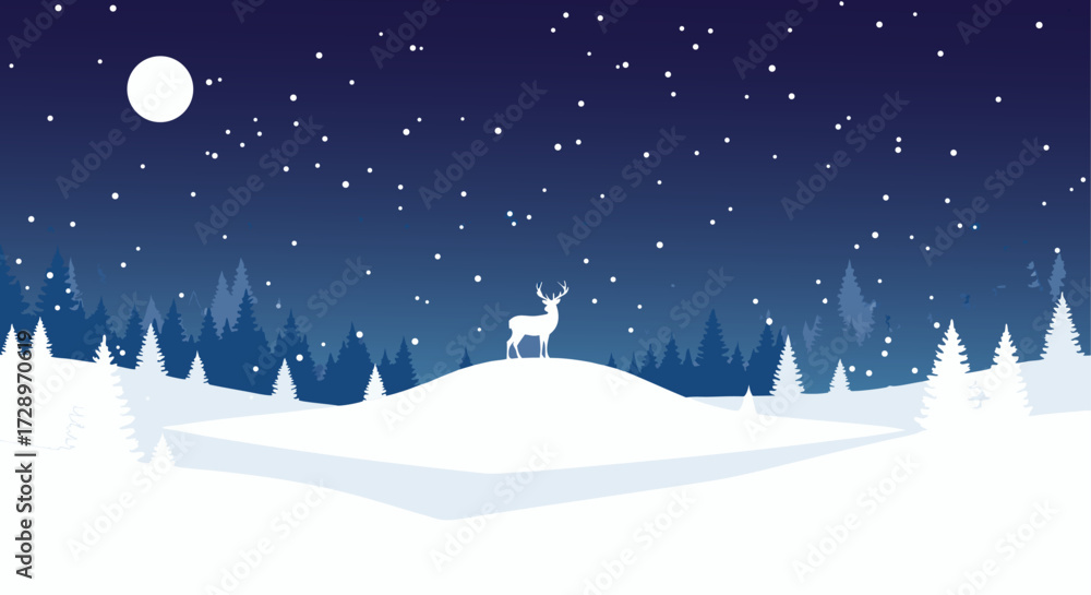 Naklejka premium Minimalist winter night scene with a deer on a snowy hill, providing a tranquil background with ample copy space