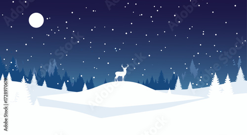 Minimalist winter night scene with a deer on a snowy hill, providing a tranquil background with ample copy space