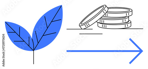 Blue leaf symbolizes nature, coins represent finance, and arrow indicates progress. Ideal for environment, sustainability, eco-economy, investments, growth green business finance. Minimalistic flat