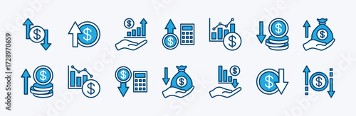 Set of profit and loss icon. Contains Increase and decrease arrow. financial growth and reduce statistical data graph, money, currency, sale, earnings, economy, exchange, trade. Vector illustration