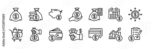 Budget icon set. Contains budgeting, financial management, money, savings, loan, monthly shopping calendar, calculation, growth graph, check, list, wallet, debt, debit card, investment - vector