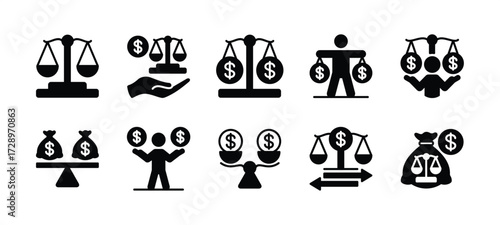 Financial balance icon set. Contains accounting, income and expenditure of money, accountant, earnings, financial audit, scale, law, management, justice, measurement. Vector illustration