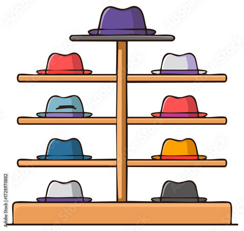 Hats Display Rack Featuring a Variety of Different Colored Fedoras Illustration