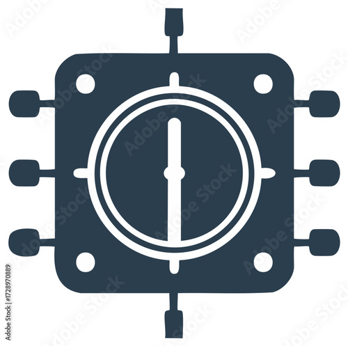 Computer chip with performance gauge, icon for processing speed and system monitoring.
