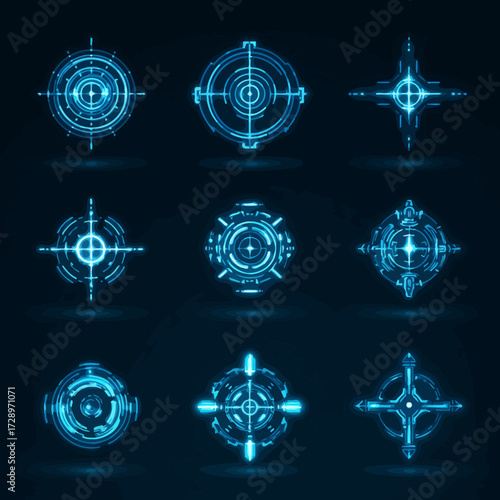 Nine glowing blue crosshairs of varying designs on a dark background, radiating light