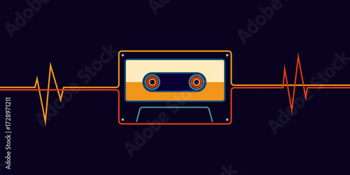 A retro cassette tape with orange sound waves extending from both sides on a dark background.