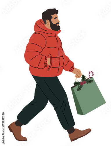 Bearded man in red puffer jacket walking side view with Christmas shopping bags decorated with holly, berries, and candy cane. Flat festive vector illustration for holiday design projects
