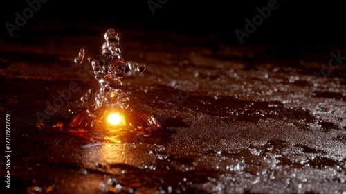 submicroscopic. A single, complex, glowing molecule emerges from a dark, primordial aqueous solution, symbolizing the spark of life. STEM education sheets.
