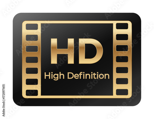 Golden hd high definition icon with filmstrip border on black background.