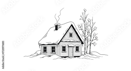 Cozy winter cabin with smoke coming from chimney