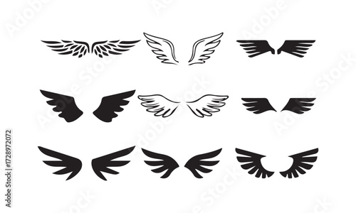 black wings badge set. Bird wings, angel wings elements. Aviation pilot patch badge. Heraldic vintage army insignia emblem falcon phoenix hawk. vector illustration eps 10