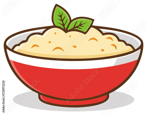 Illustration of mashed potatoes in a red bowl garnished with green leaves, tasty dinner bowl served with herbs