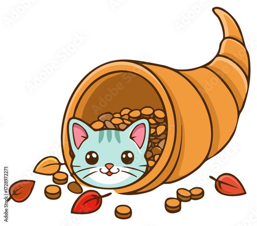 Cute blue kitten peeking out from overflowing cornucopia with autumn leaves and seeds