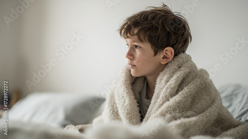 Sad british american Male child 6 years old wrapped in blanket sitting on bed