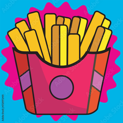 A box of french fries with a pink background and purple circle design