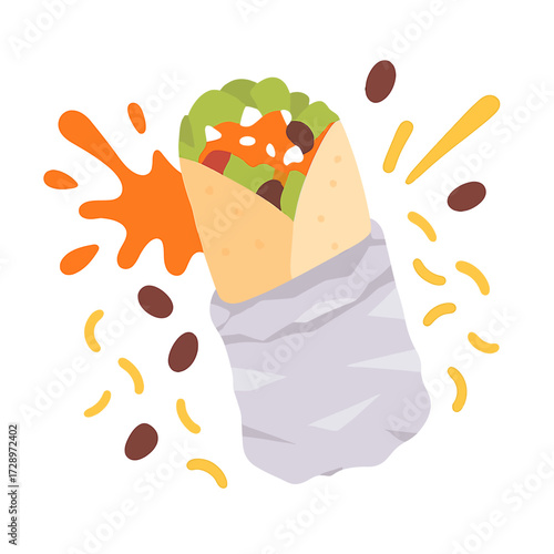 A vibrant, glowing illustration of a delicious, freshly wrapped Mexican burrito, bursting with crisp lettuce, savory beans, and rich, flavorful fillings. Perfect for any menu!